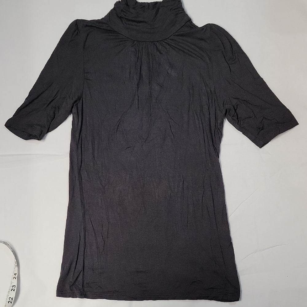 Charcoal Black Shirred Turtleneck Top with Short Sleeves L